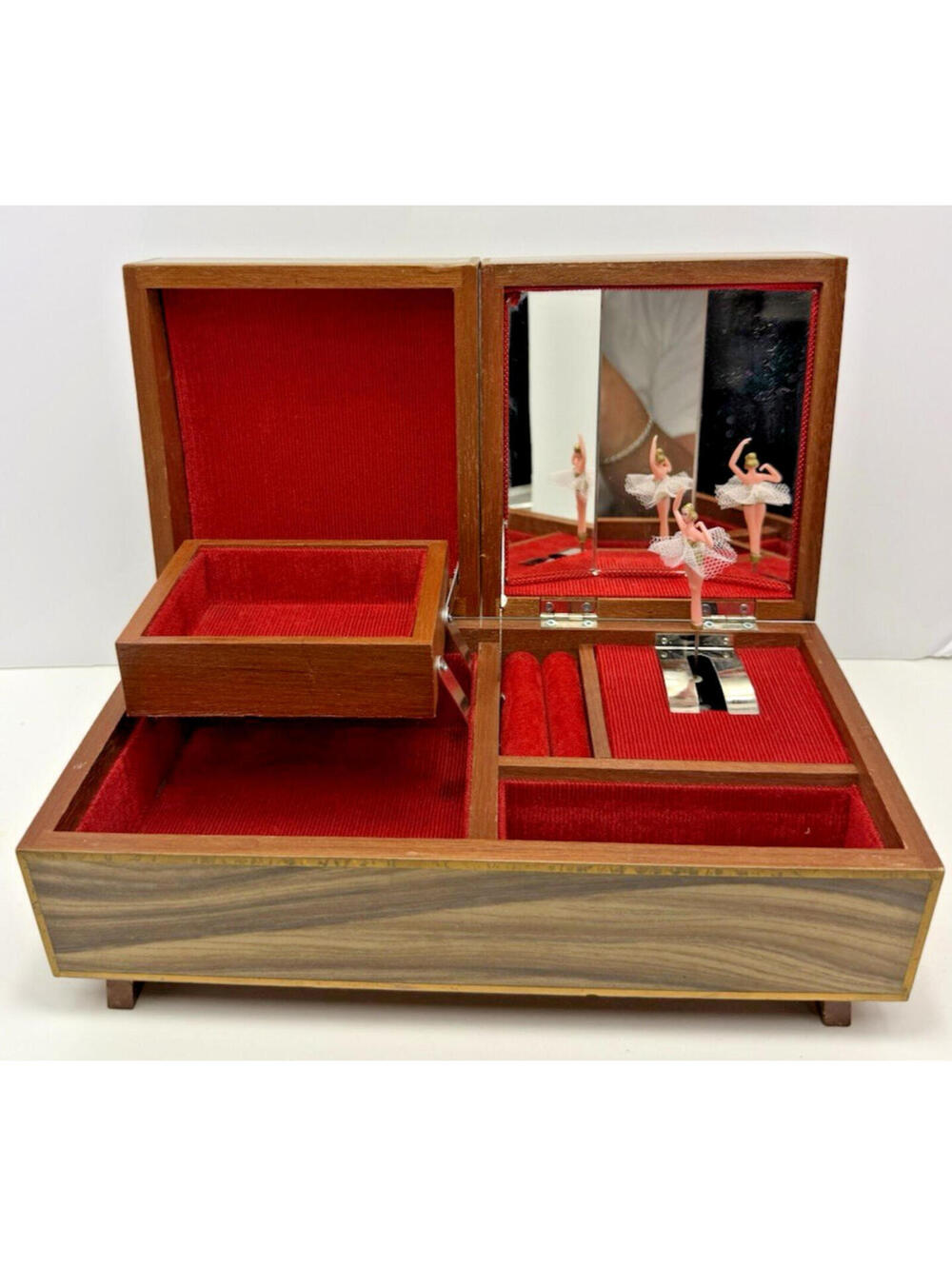 Vtg Wooden Jewelry Box Ballerina Music Red Velvet Mirror WORKS 10.5"L
